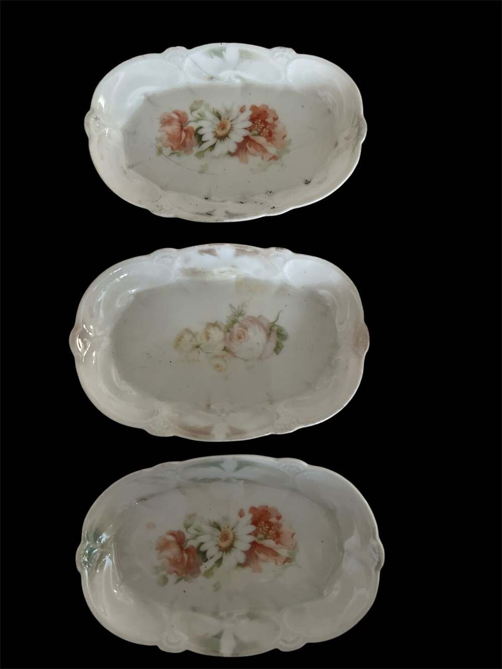 RS Germany Porcelain Floral Scalloped Oval Trinket/ Butter Dish Set of 3 Antique